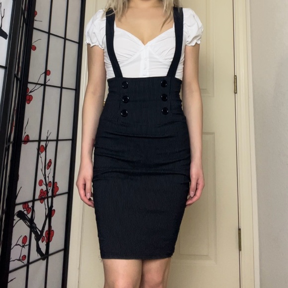 Solar USA | Dark Navy Blue Pinstripe Pinafore Bodycon Pencil Skirt Dress - Picture 4 of 6